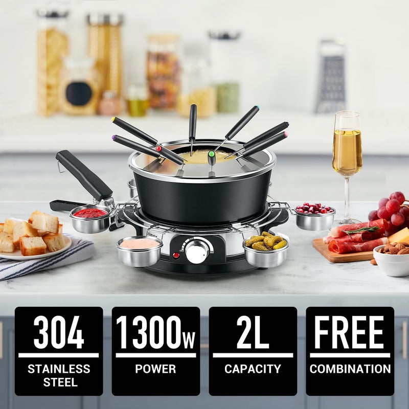 CUSIMAX Electric Fondue Set with 1300W Power Temperature Control for Cheese,Chocolate,Oil and Broth, 2L Non-Stick Electric Fondue Pot with 8 pcs Forks,6 pcs Cups and Removable Anti-Scald Handle - Image 3